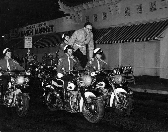 Steve Allen on motorcycle at Hollywood Ranch Market - The Steve Allen Show